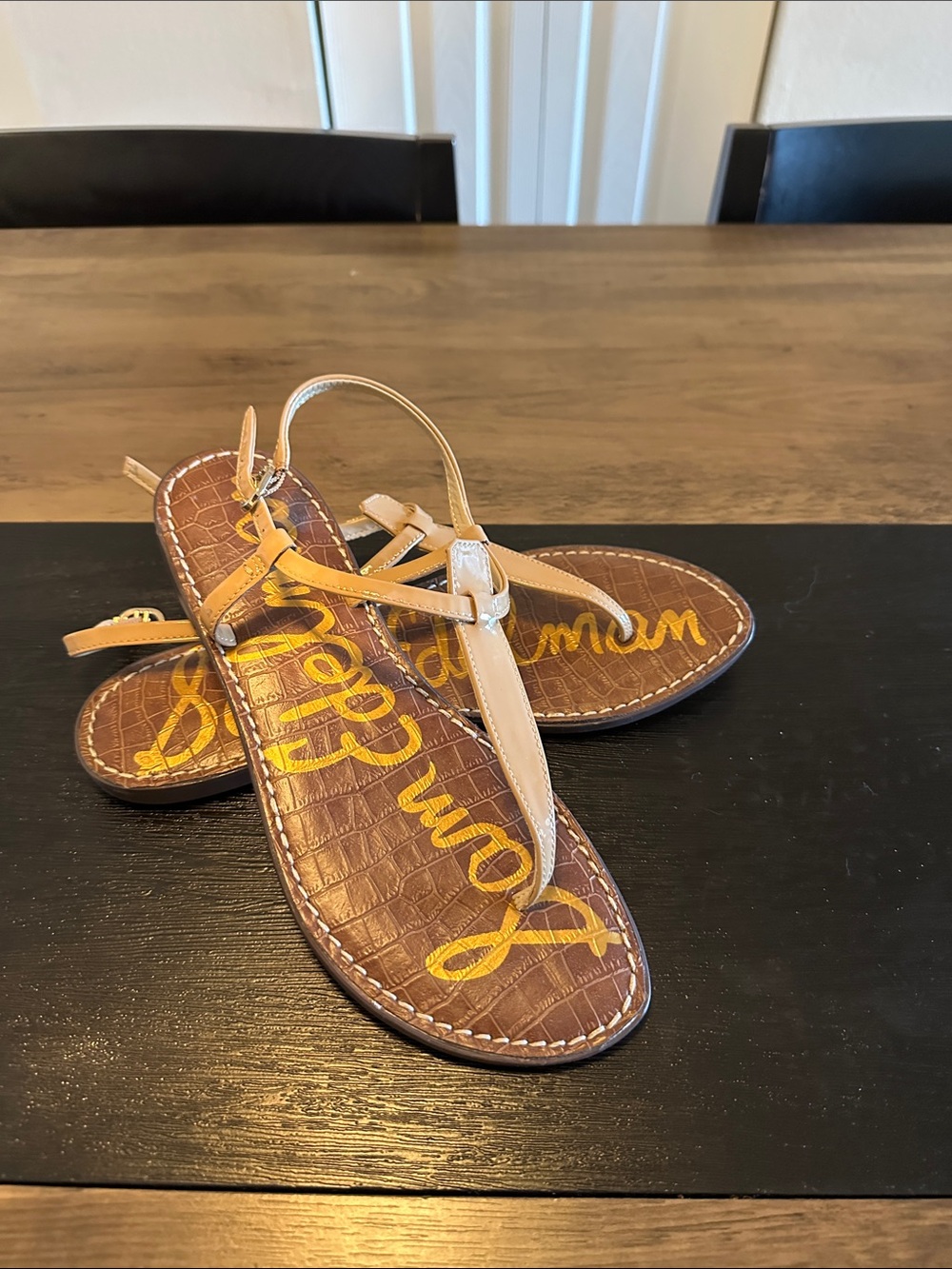 Sam Edelman Tan Leather Thong Sandals with Brown Croc-Embossed Footbed